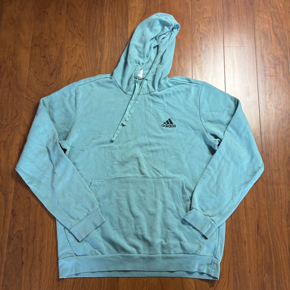 Adidas Mens Essentials Pullover Hoodie Light Blue Aqua Embroidered Logo Large